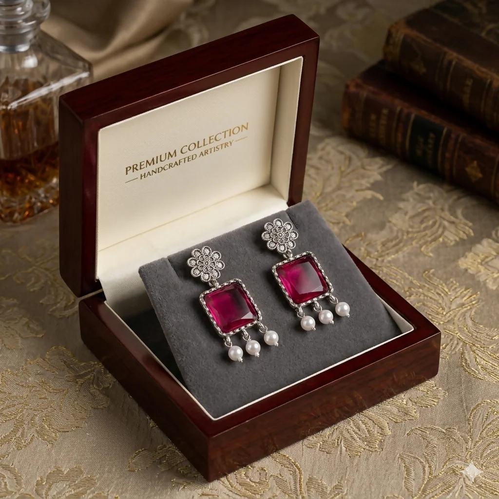 Premium Oxidized Silver-Tone Floral Stud Earrings with Ruby Red Square Crystal & Pearl Drops - Image 4