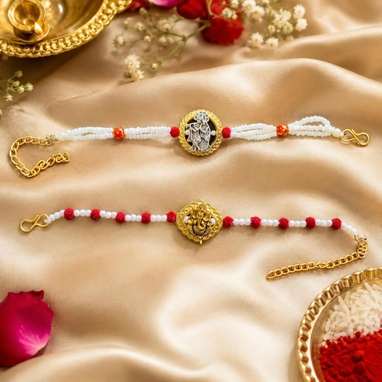 Premium Radha Krishna & Ganesh Designer Rakhi Set with Pearl Beads - Image 3