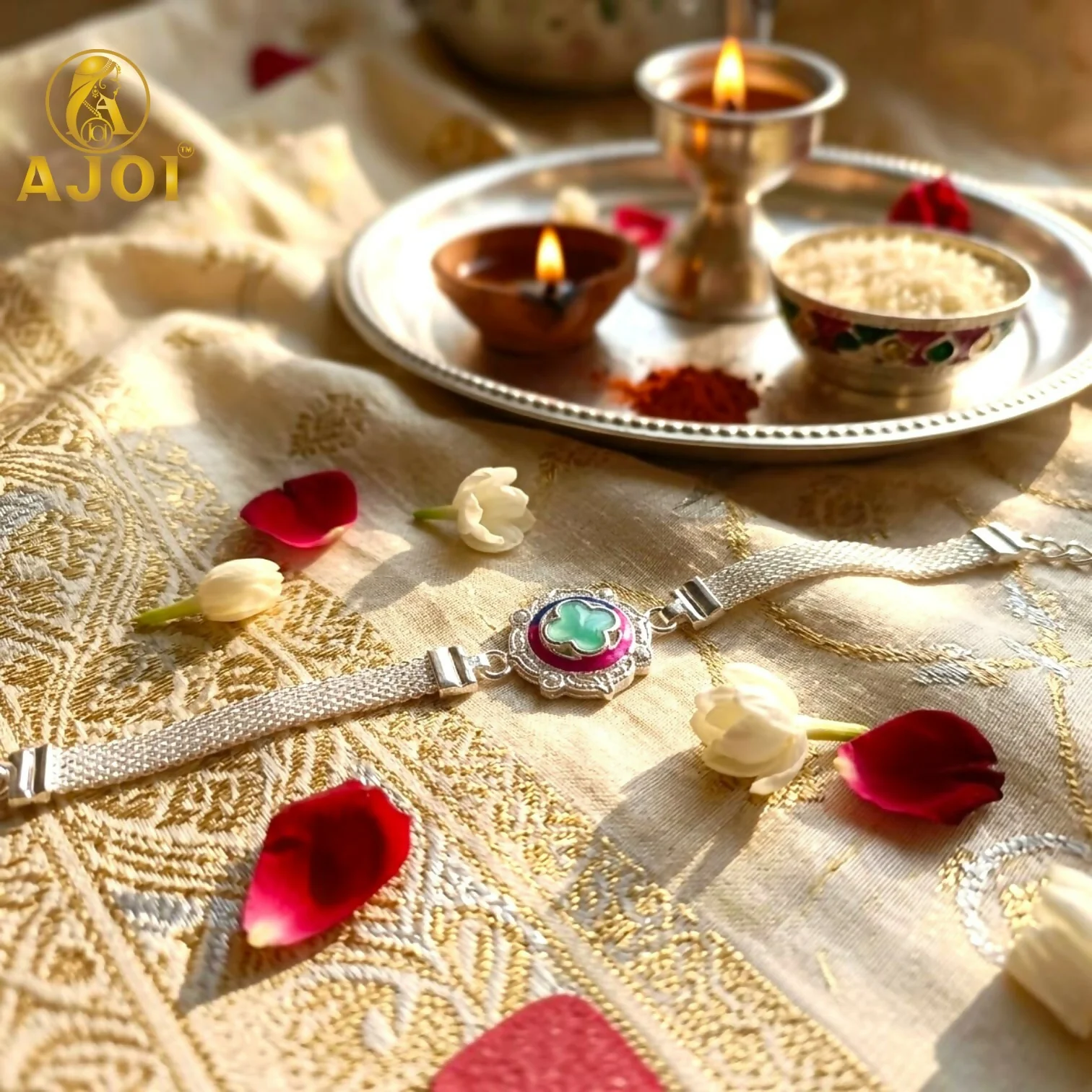 Premium Silver Floral Designer Rakhi Bracelet - Image 2
