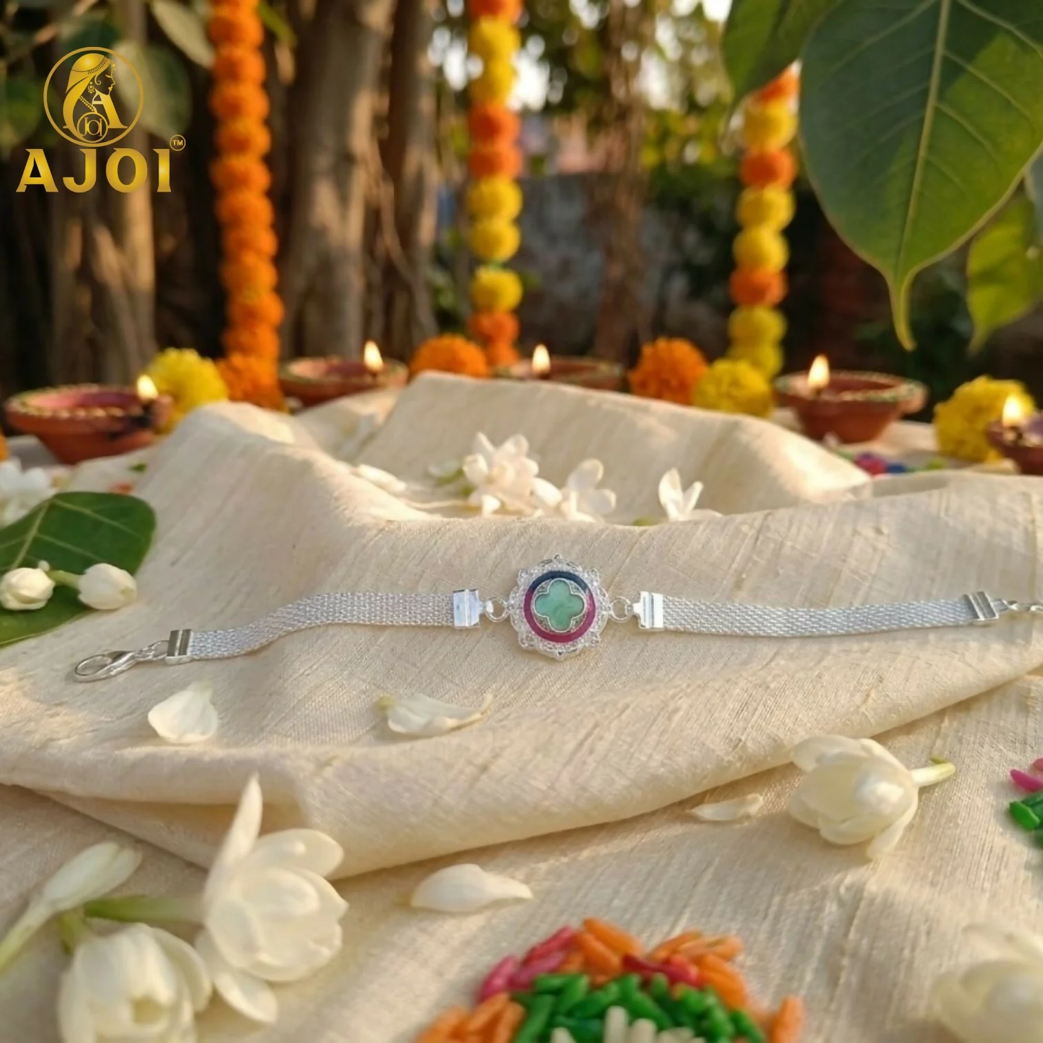 Premium Silver Floral Designer Rakhi Bracelet - Image 3