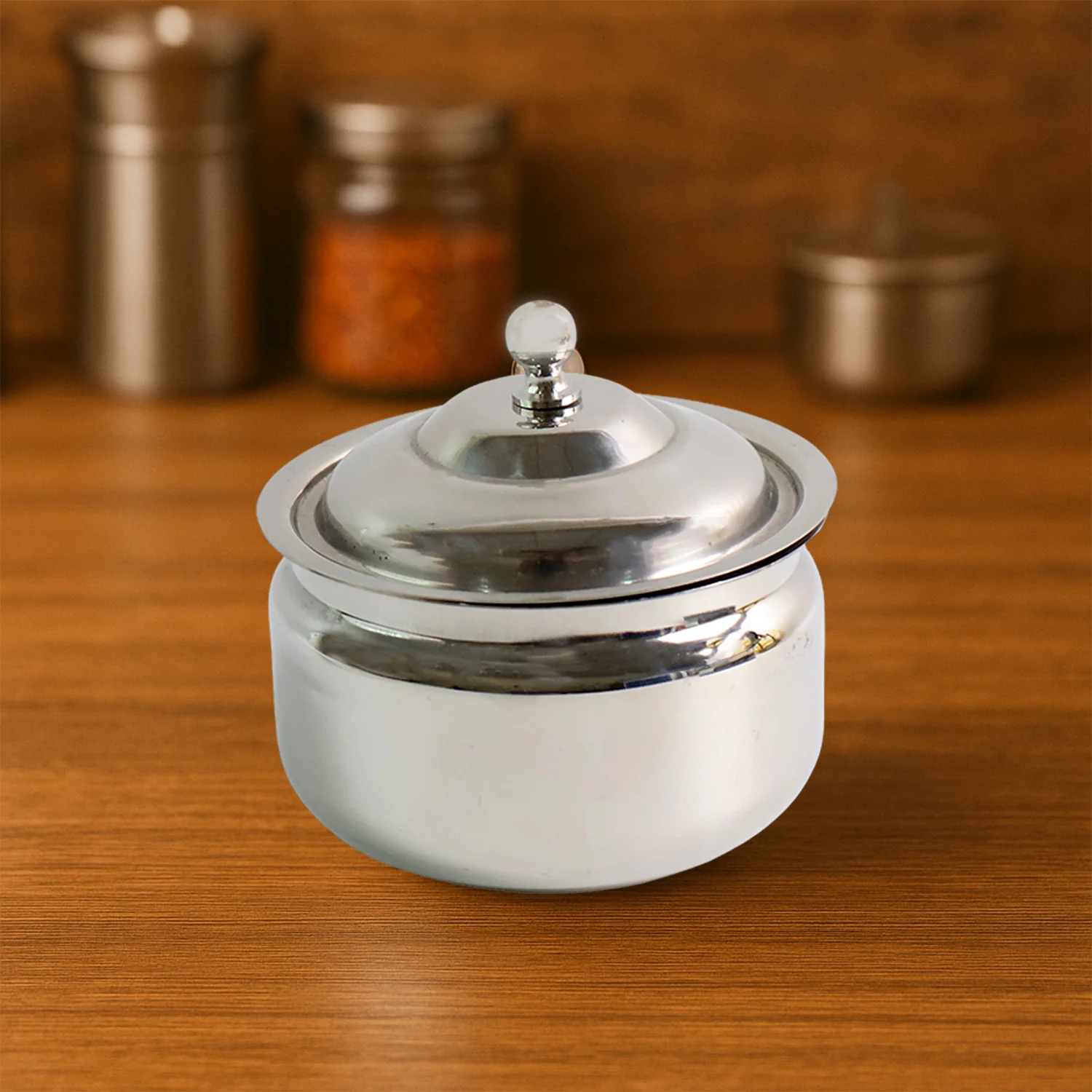 Stainless Steel Ghee Pot with Lid & Spoon – Mirror Finish - Image 3