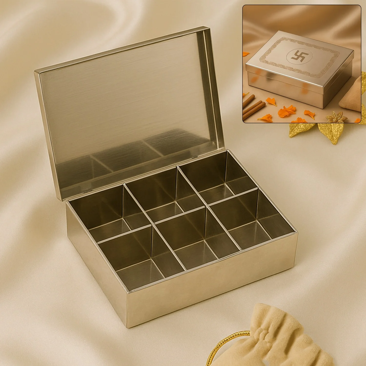 Stainless Steel Jewelry Organizer – 6-Compartment Storage Box - Image 3