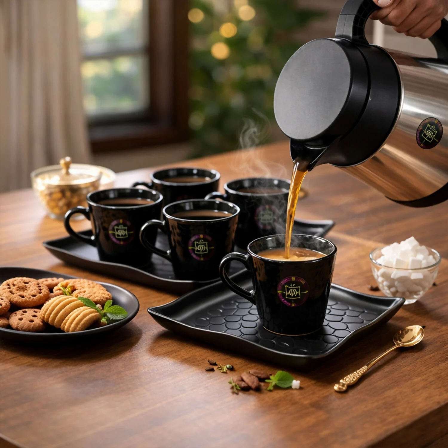 Tea & Coffee Serving Set – Elegant Stainless Steel Design with 6 Cups & Tray - Image 3
