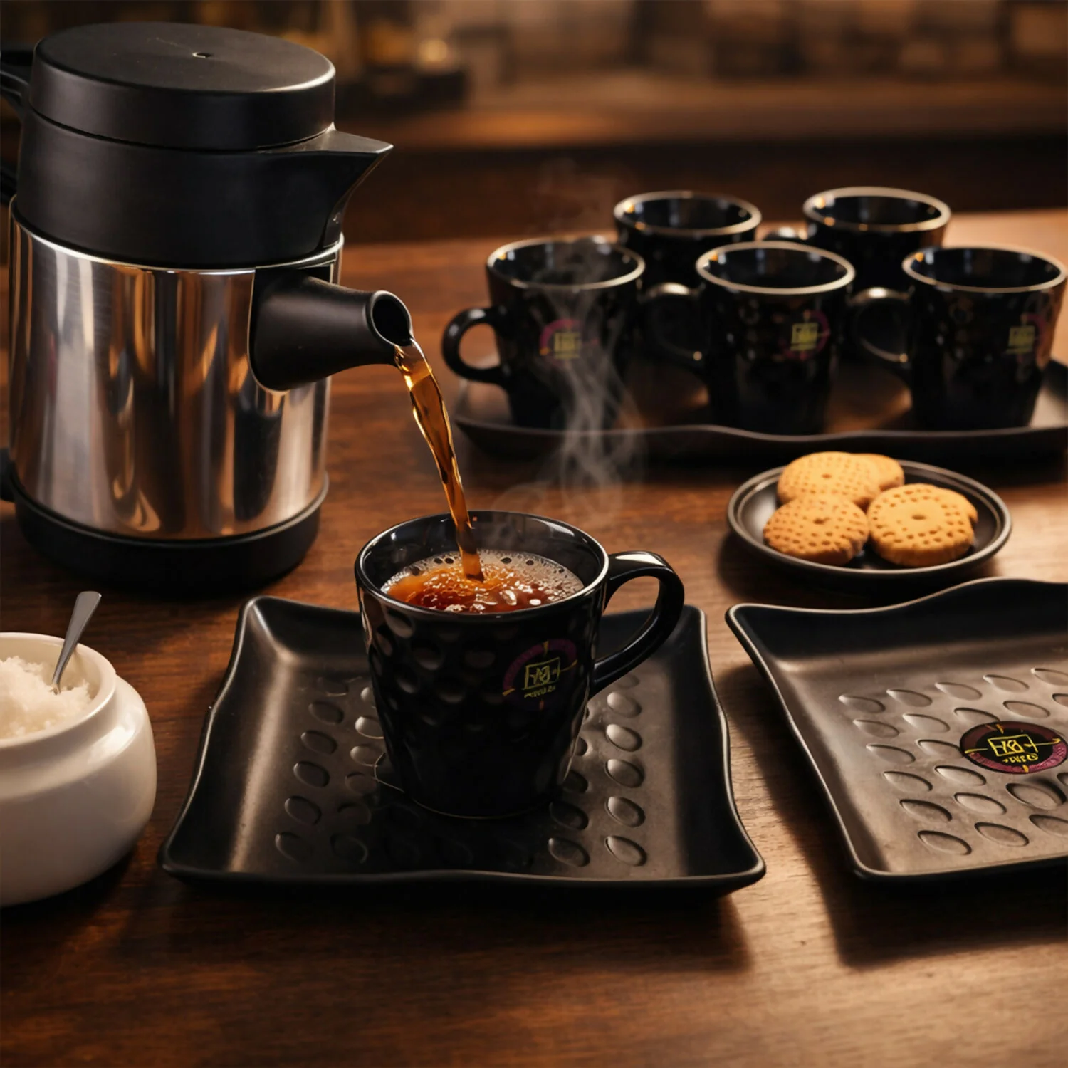 Tea & Coffee Serving Set – Elegant Stainless Steel Design with 6 Cups & Tray - Image 4