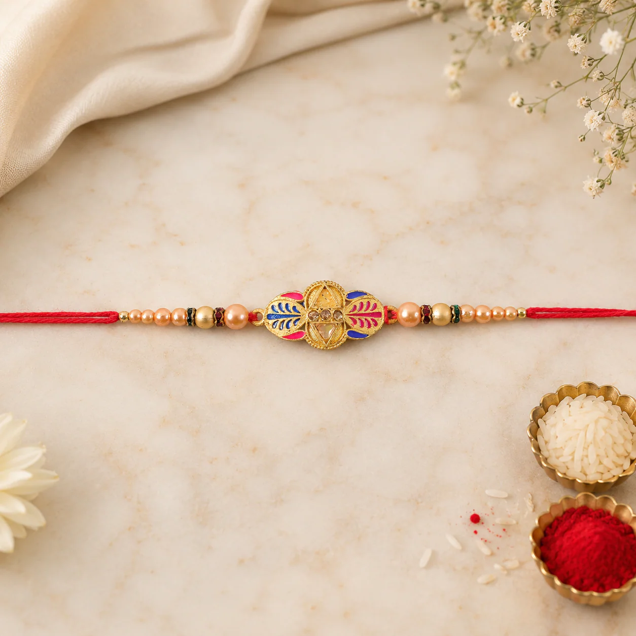 Premium Traditional Leaf Motif Pearl Beads Designer Rakhi For Brother - Image 4