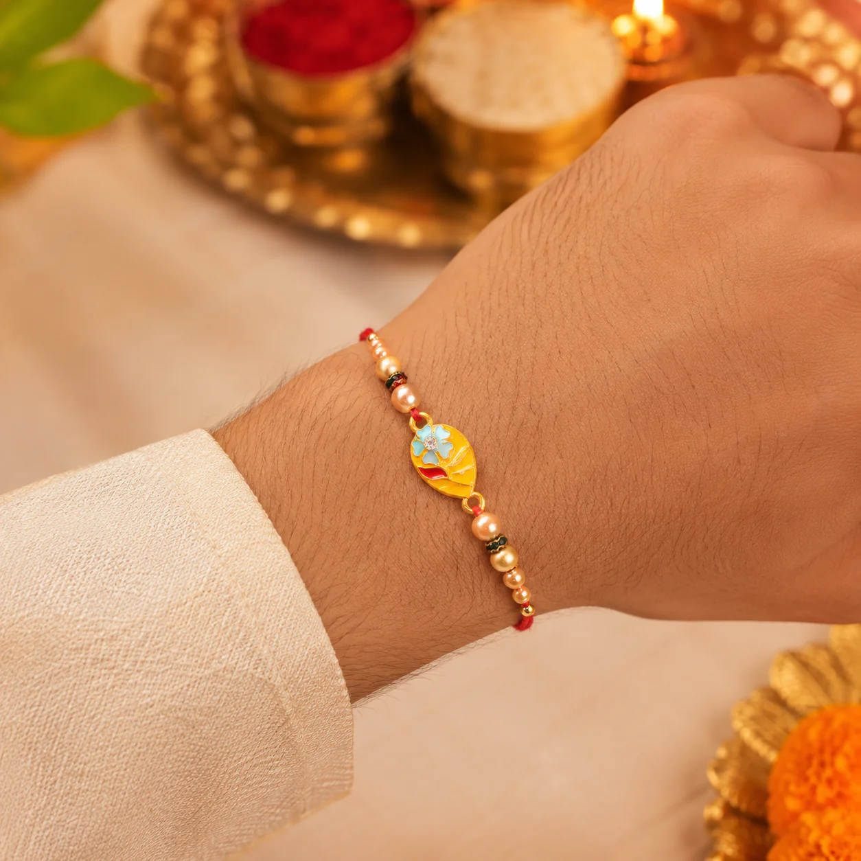 Premium Traditional Meenakari Oval Rakhi with Pearls – Rakhi for Brother - Image 2