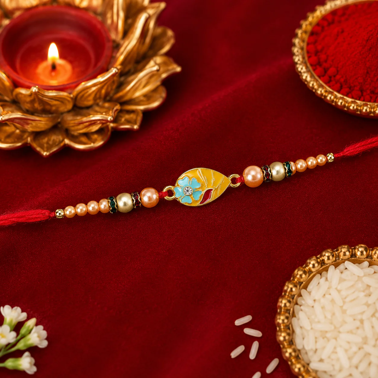 Premium Traditional Meenakari Oval Rakhi with Pearls – Rakhi for Brother - Image 3