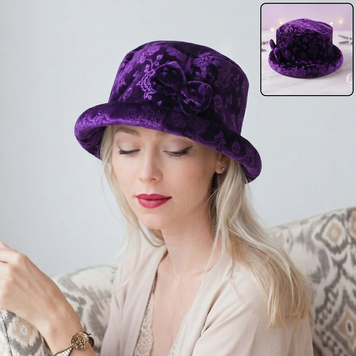 Velvet Floral Bucket Hat – Elegant Winter Accessory for Women - Image 2