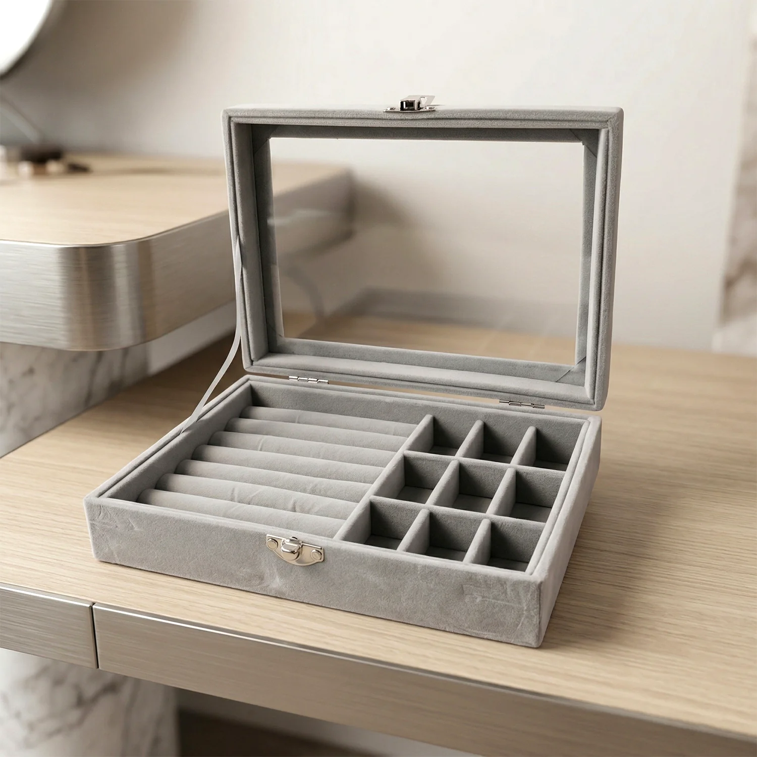Velvet Jewellery Organizer Box – Transparent Lid & Multi-Compartment Storage - Image 3
