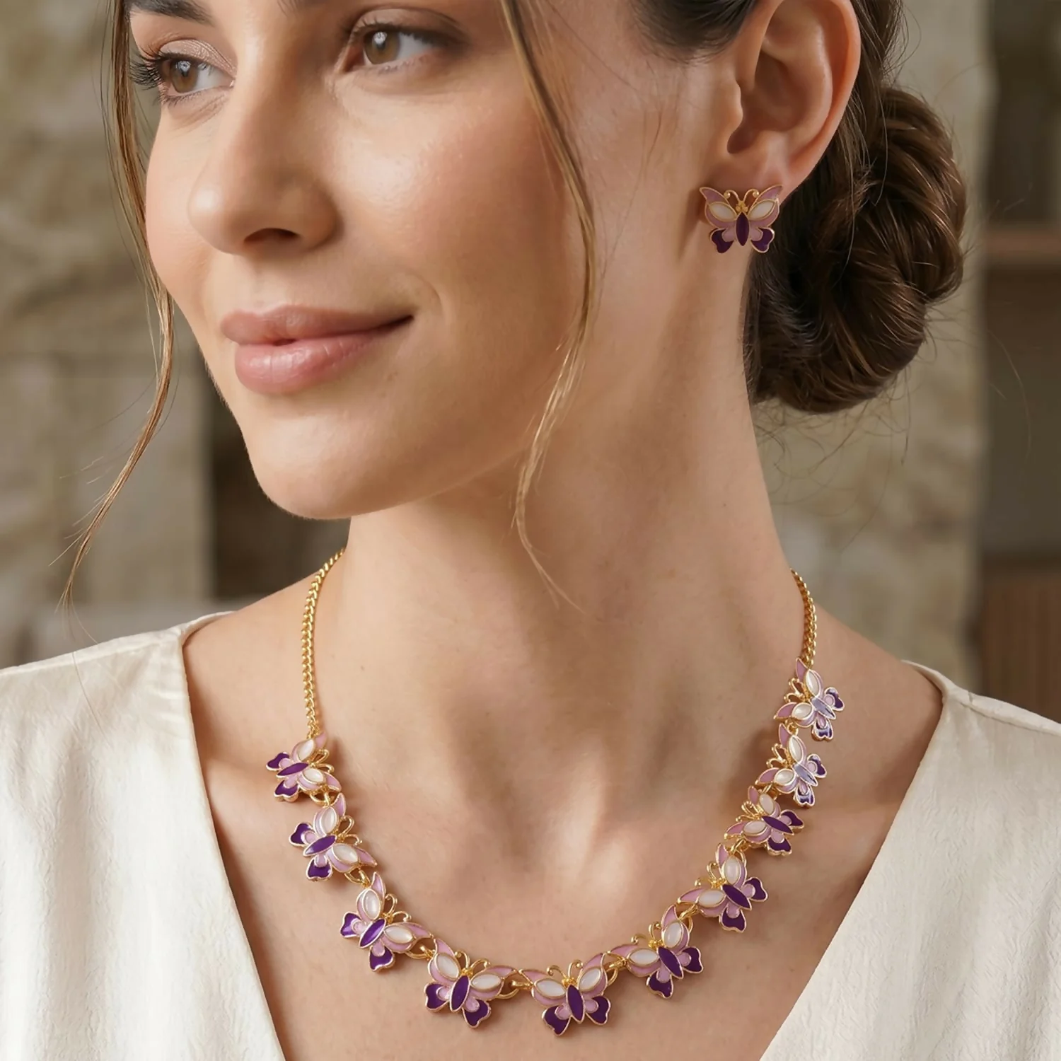 Purple Butterfly Necklace Set – Elegant Gold-Plated Jewellery for Women