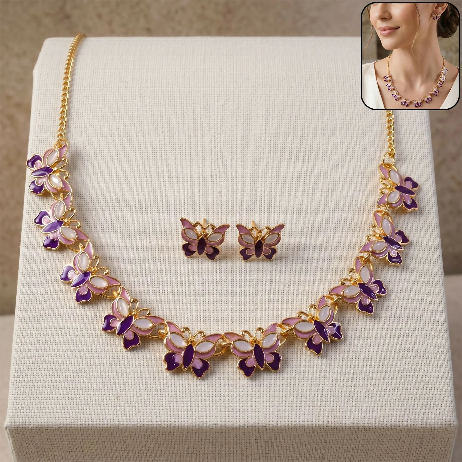 Purple Butterfly Necklace Set – Elegant Gold-Plated Jewellery for Women - Image 2