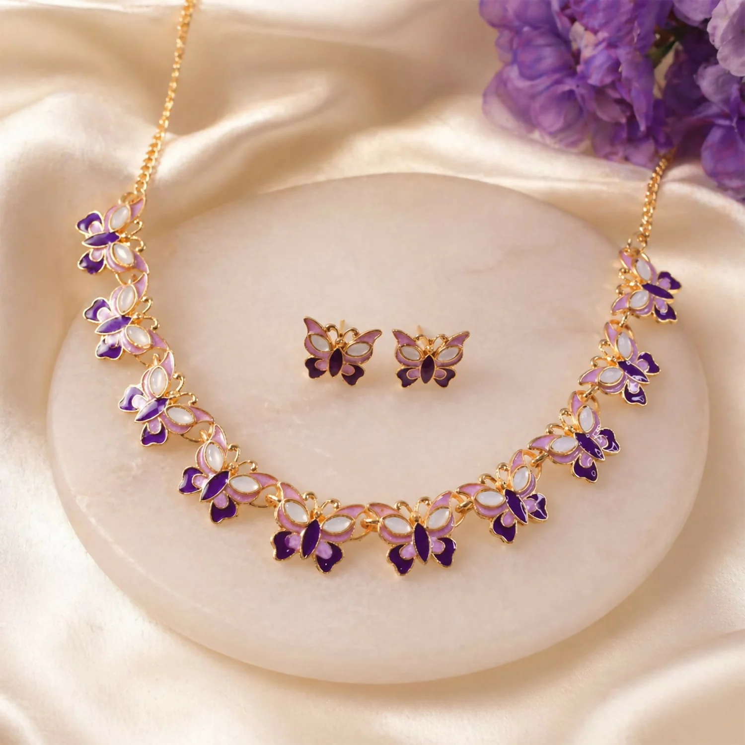 Purple Butterfly Necklace Set – Elegant Gold-Plated Jewellery for Women - Image 3