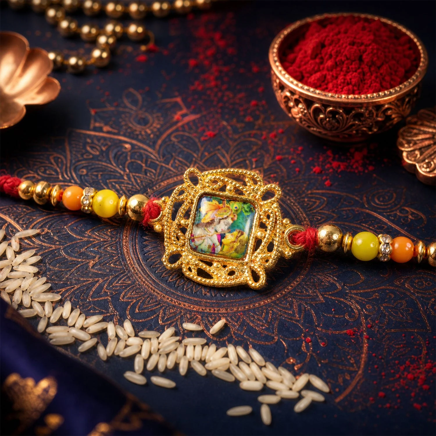 Radha Krishna Square Stone Studded Premium Designer Rakhi for Brother - Image 4
