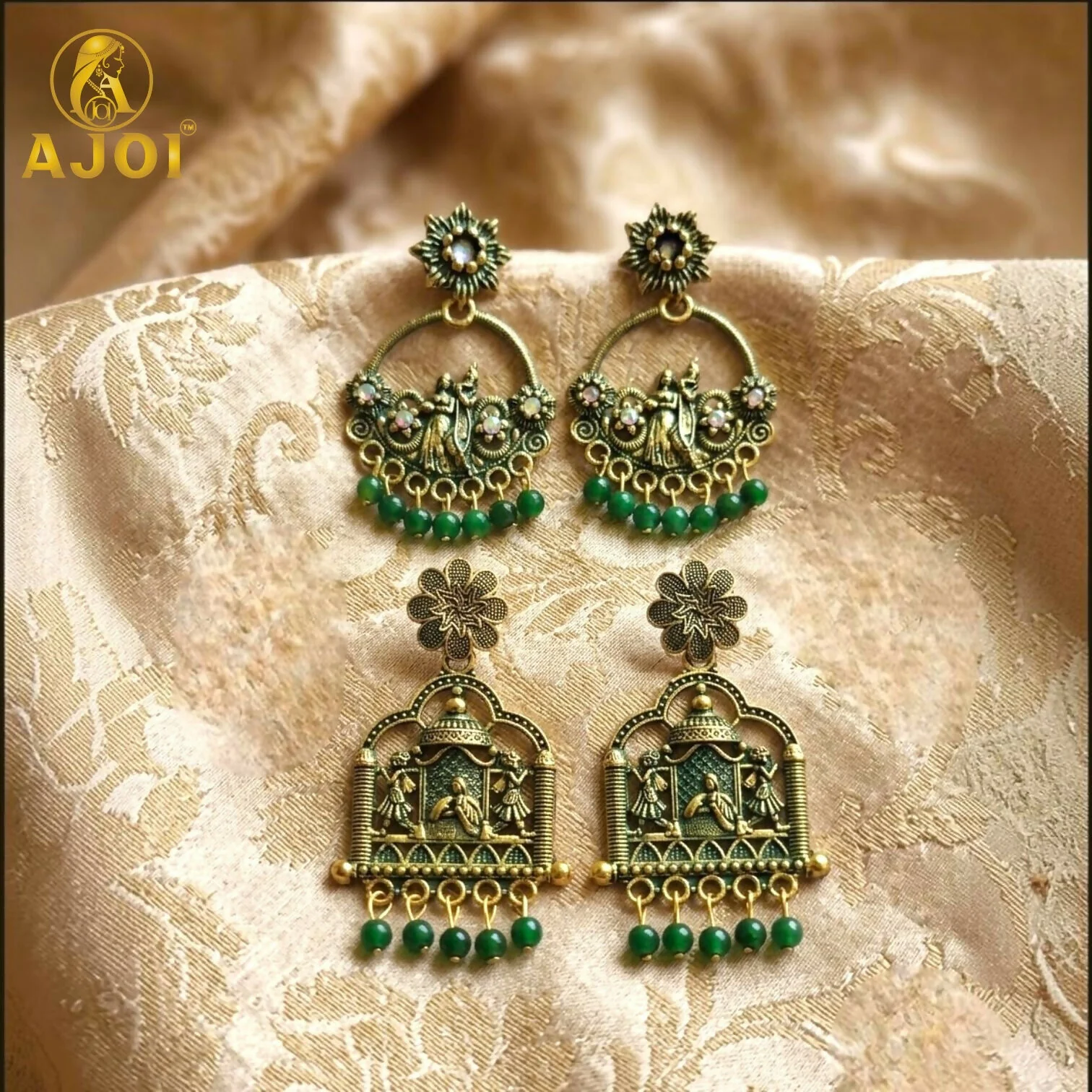 Radha Krishna Temple Earrings – Traditional Green Bead Drops for Festive Looks - Image 3