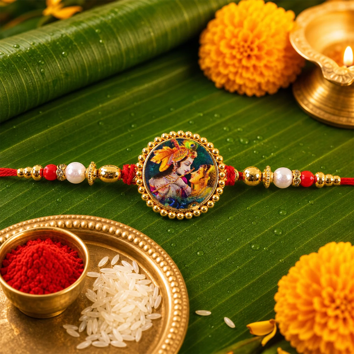 Radha Krishna Theme Round Beaded Designer Premium Traditional Rakhi for Brother - Image 4