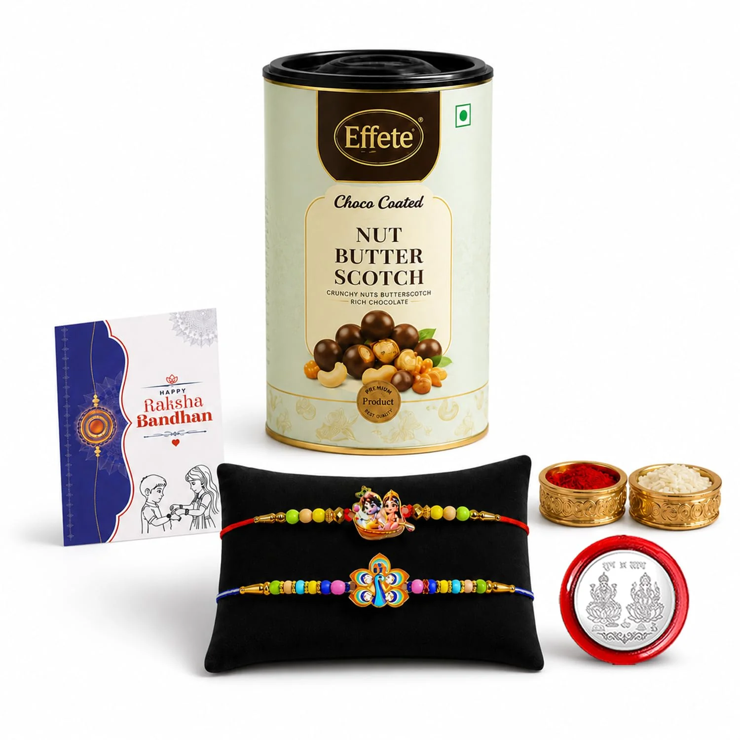 Radhe Krishna Rakhi Combo - Raksha Bandhan Gift with Choco Butterscotch 96gm, Pack of 6 - Image 6