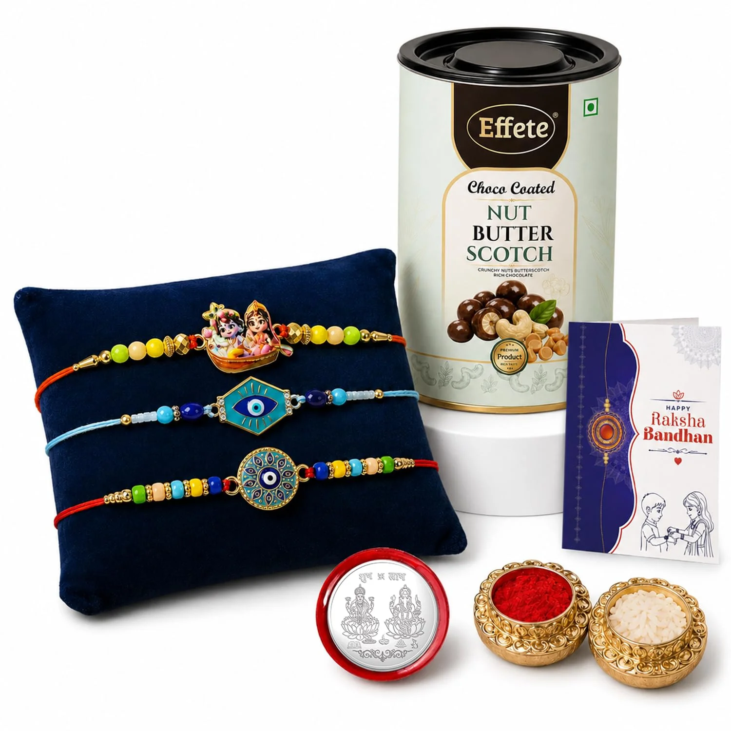 Radhe Krishna Rakhi Combo - Raksha Bandhan Gift with Choco Butterscotch 96gm, Pack of 7 - Image 5