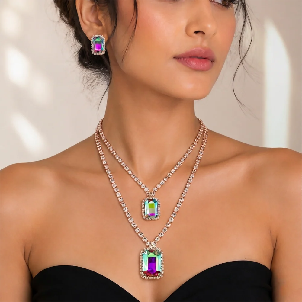 Rainbow Crystal Double Layer Pendant Necklace Set with Stud Earrings for Women - Image 2