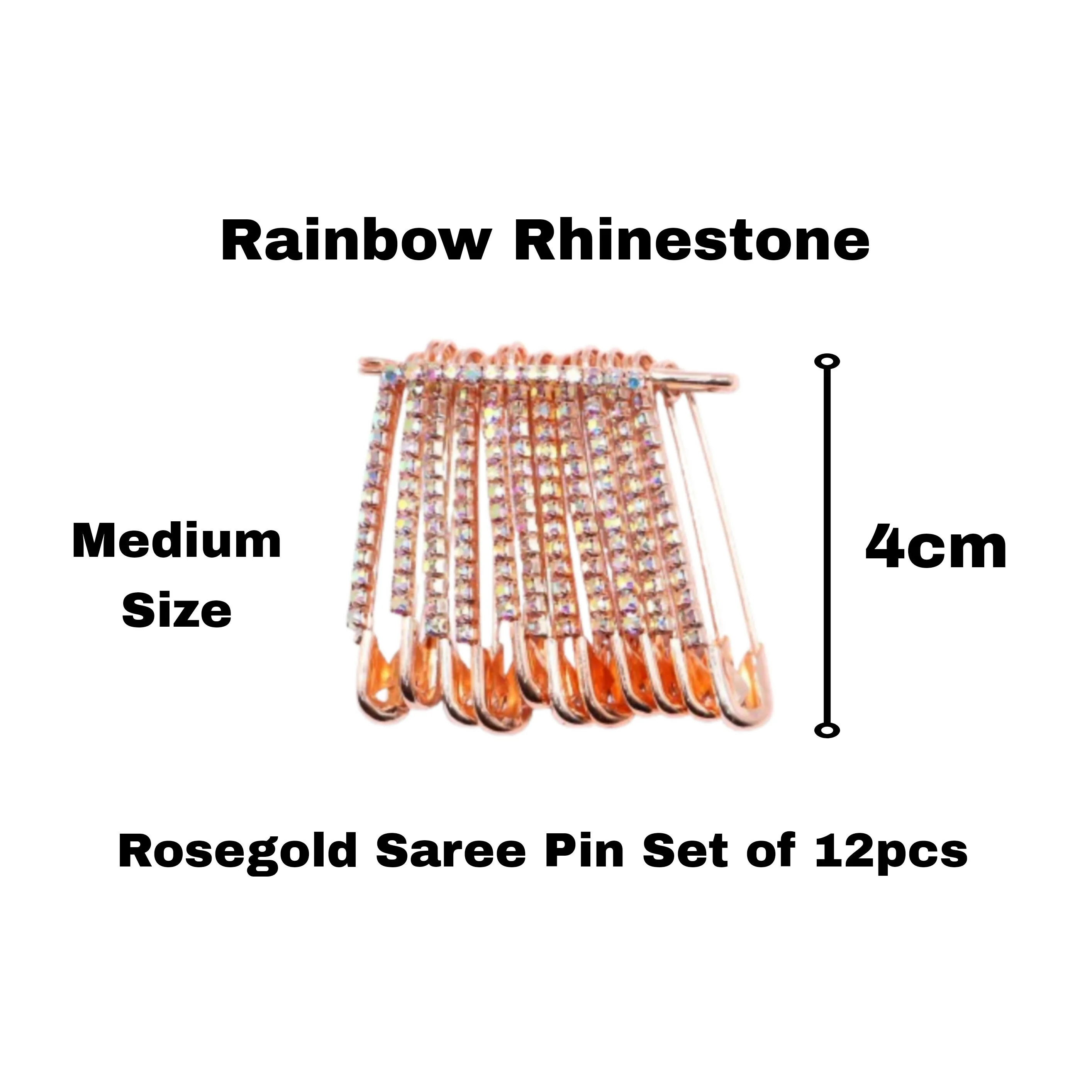Rainbow Rhinestone Saree Pin Set – 12 Rose Gold Brooches - Image 3