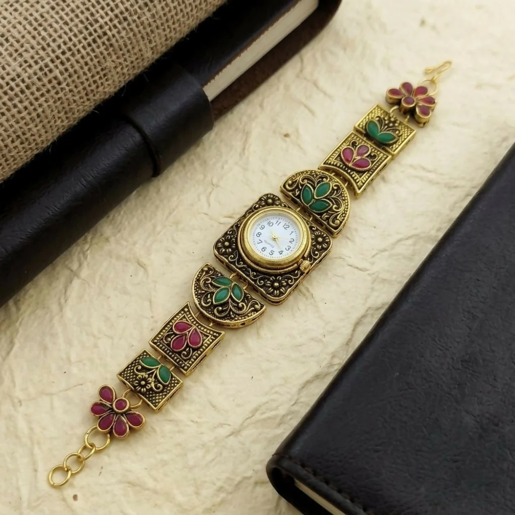 Rajasthani Inspired Designer Watch for Women with Floral Meenakari Work - Image 2