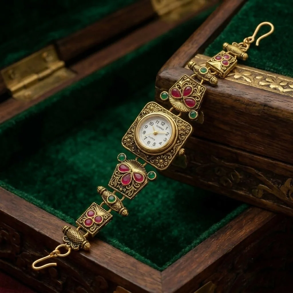 Rajwadi Antique Gold Plated Designer Bracelet Watch for Women - Image 3