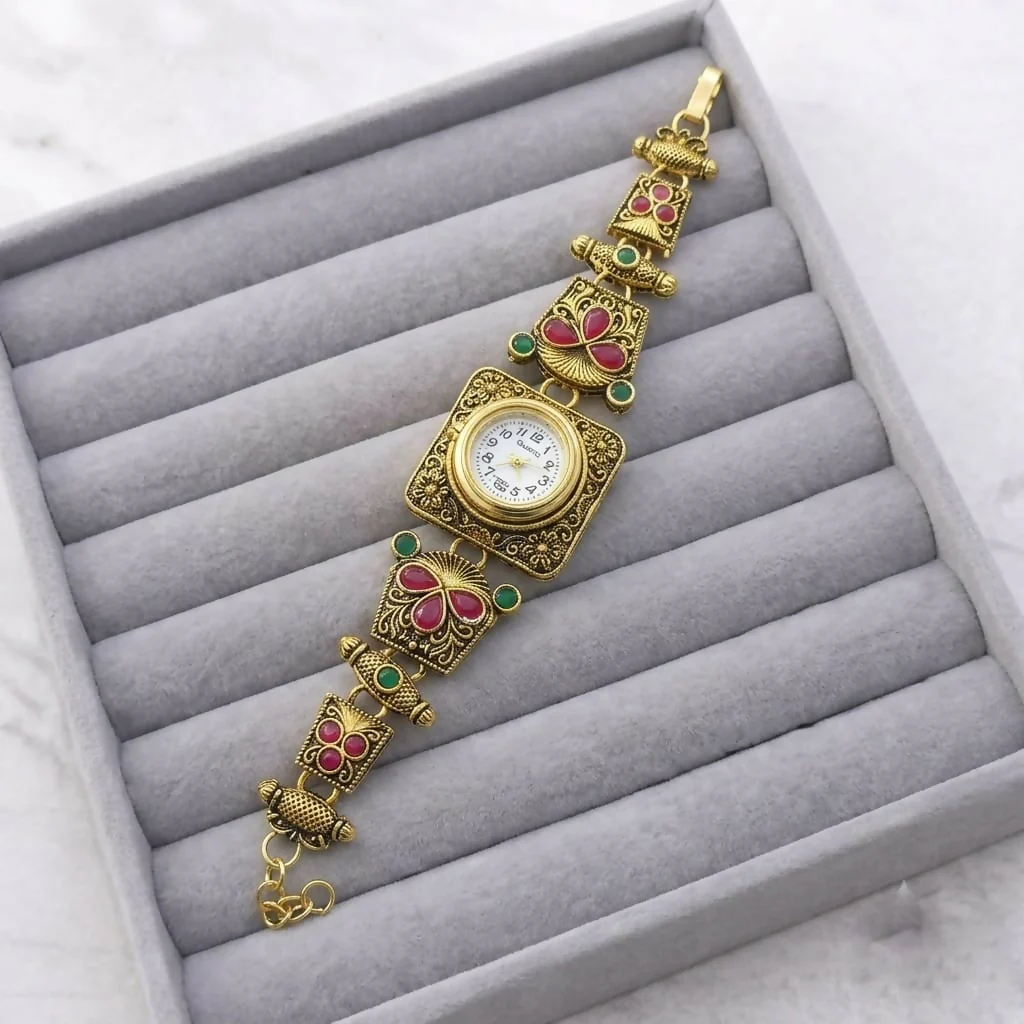 Rajwadi Antique Gold Plated Designer Bracelet Watch for Women - Image 4