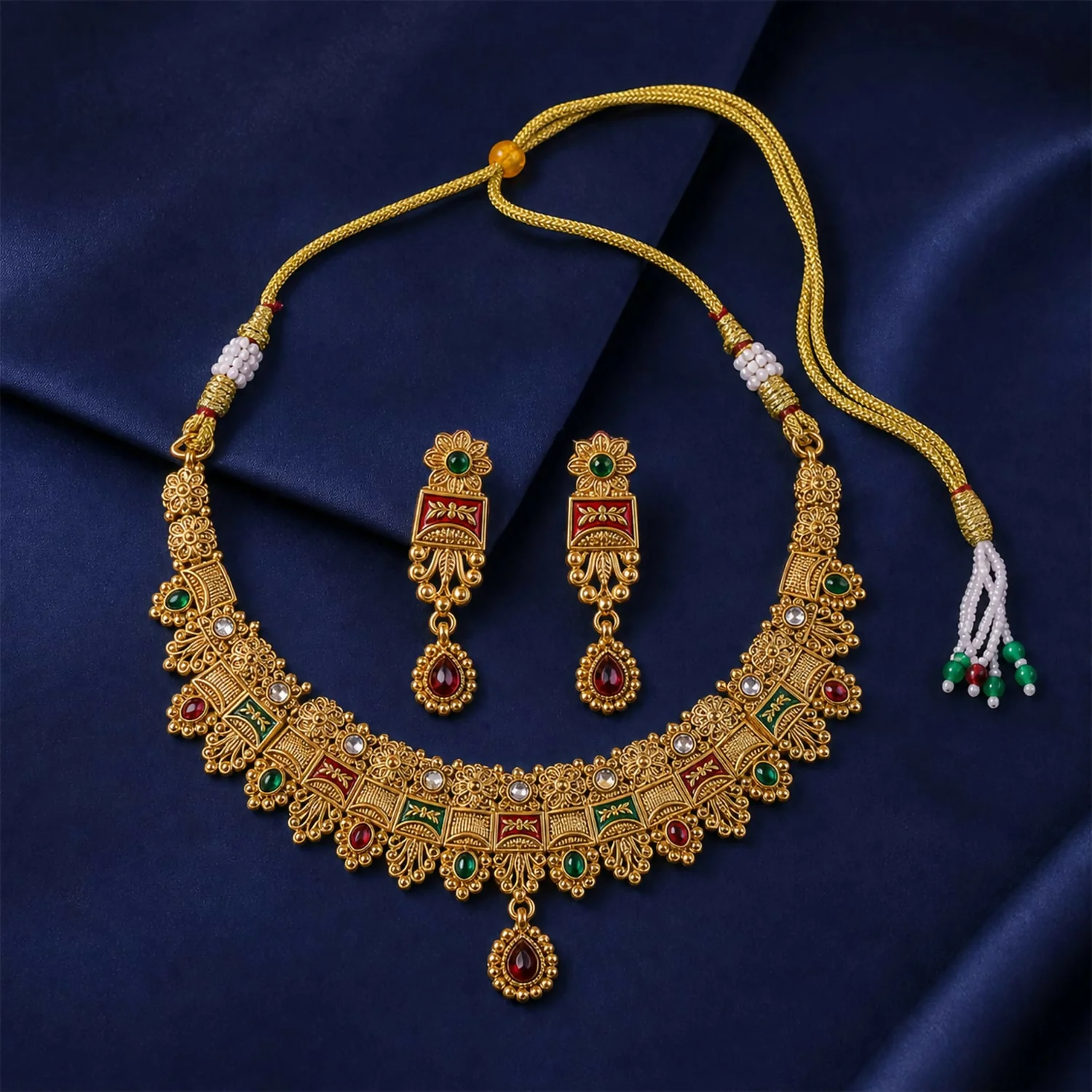 Kundan Necklace Set – Rajwadi Antique Gold Meenakari Choker - Image 4
