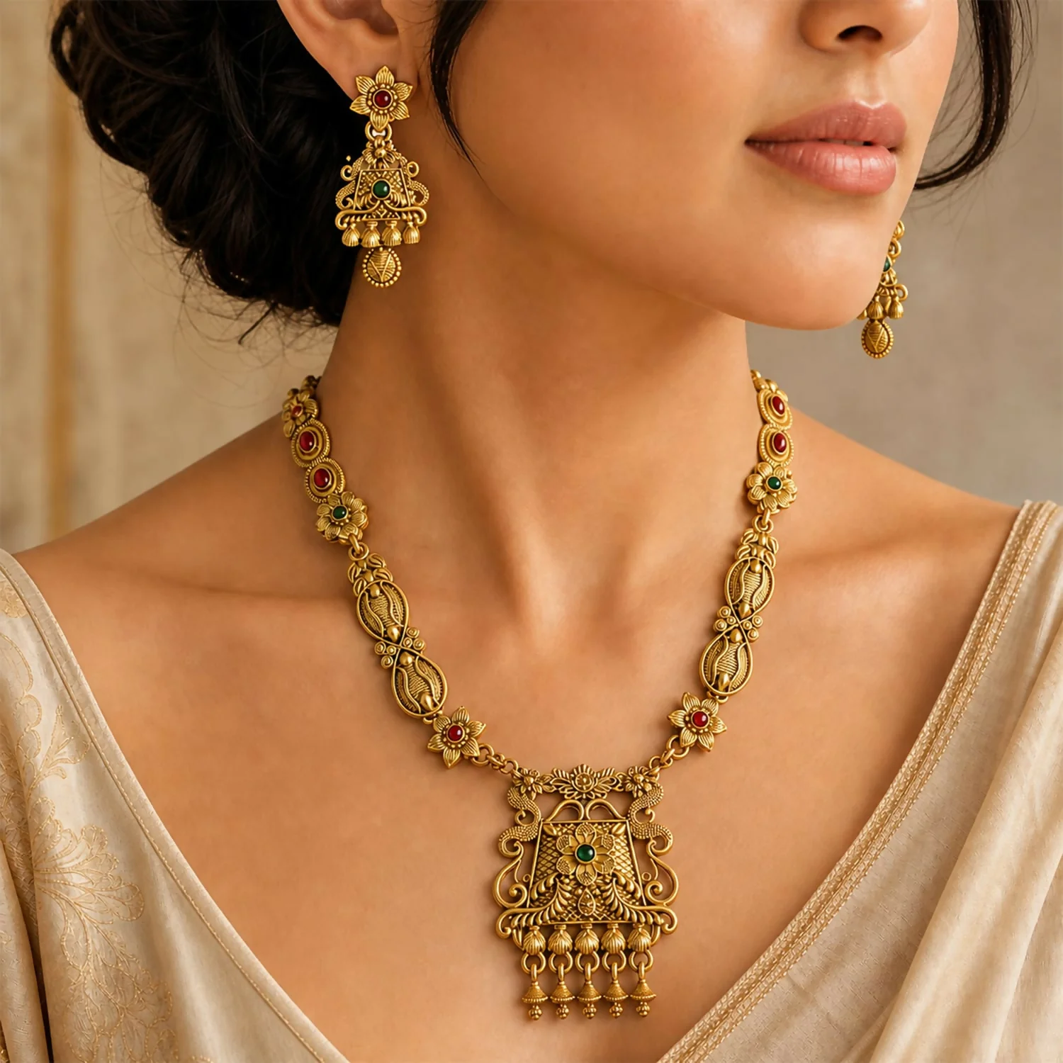 Jewellery – Traditional antique gold-plated necklace set with floral motifs - Image 2