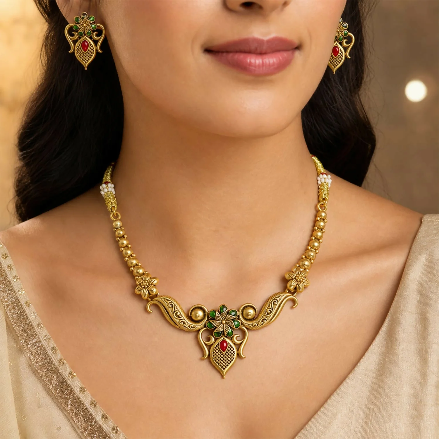 Antique Necklace Set – Traditional Temple Jewellery with Earrings - Image 2