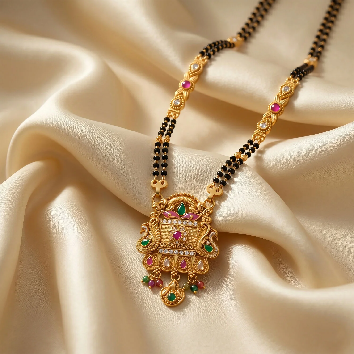 Mangalsutra with Pink Leaf & Emerald Drops – Royal Bridal Jewelry - Image 4
