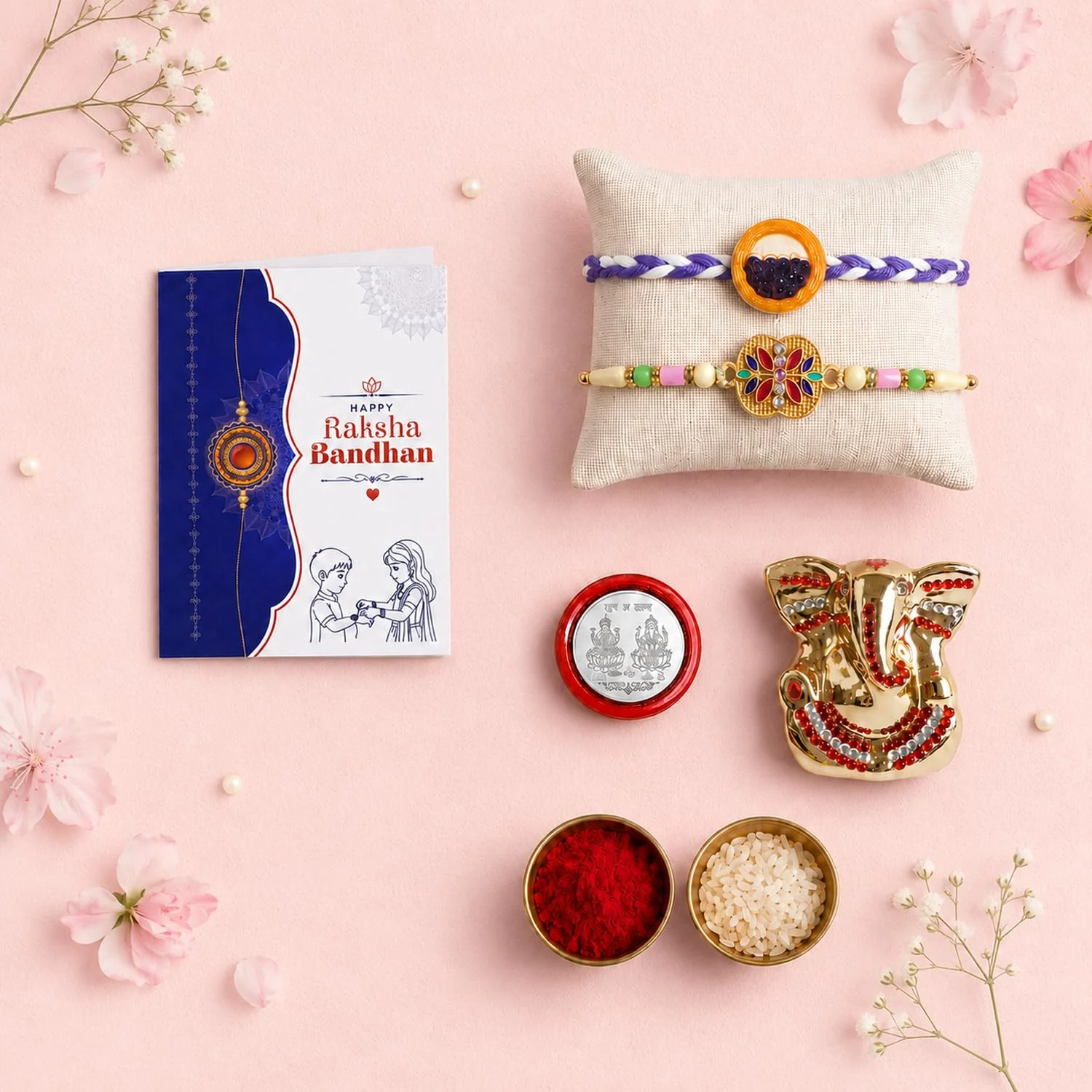 Rakhi for Bhai – Ganesh Idol Rakhi | Silver Coin, Roli Chawal Gift Combo (Pack of 4) For Raksha Bandhan