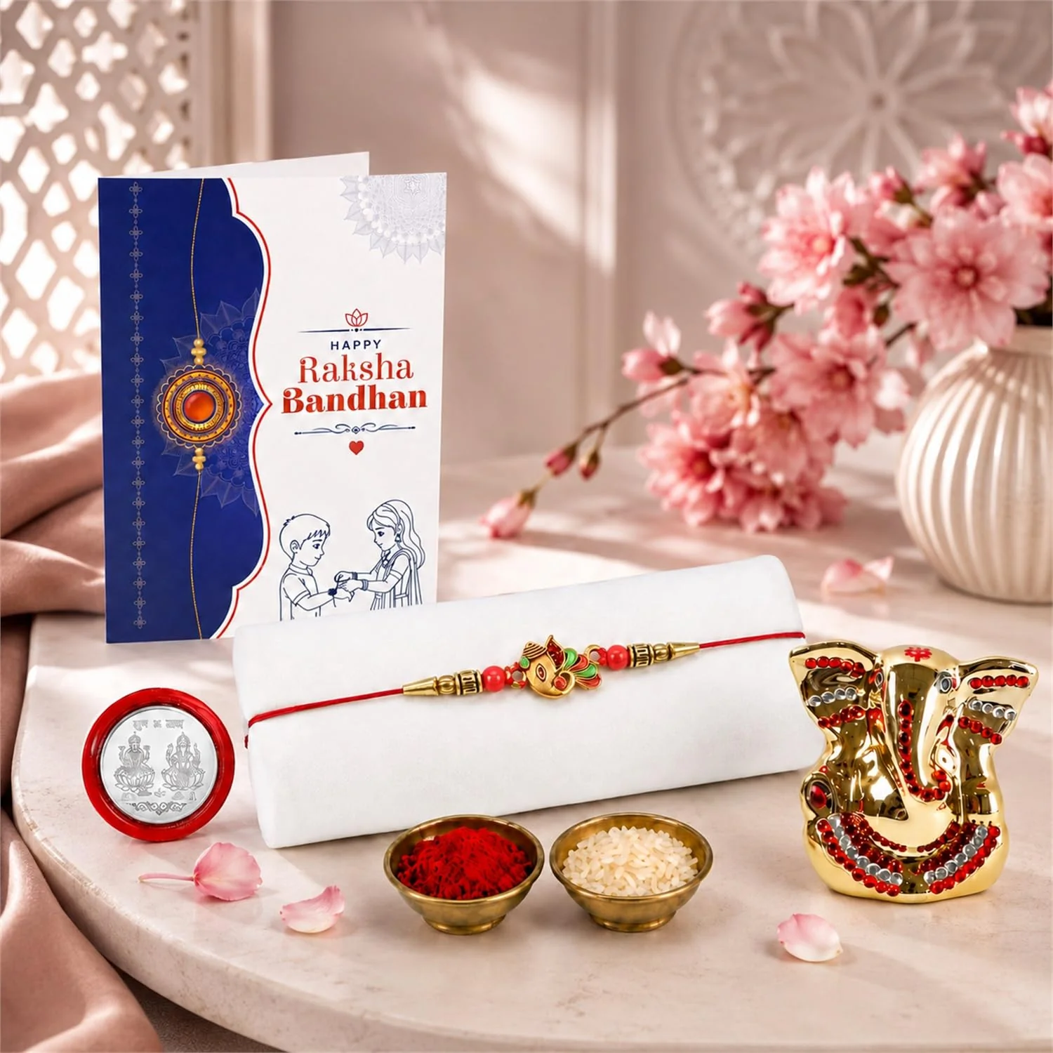 Rakhi for Brother – Ganesh Idol Rakhi with Silver Coin & Pooja Thali Combo (Pack of