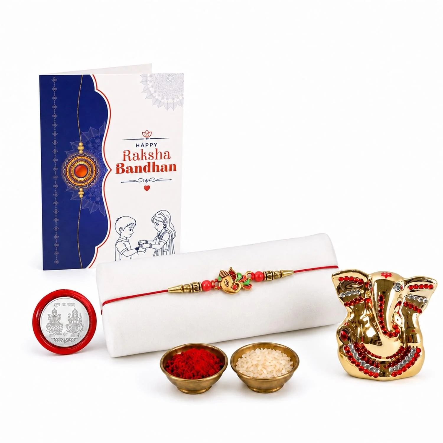 Rakhi for Brother – Ganesh Idol Rakhi with Silver Coin & Pooja Thali Combo (Pack of - Image 2