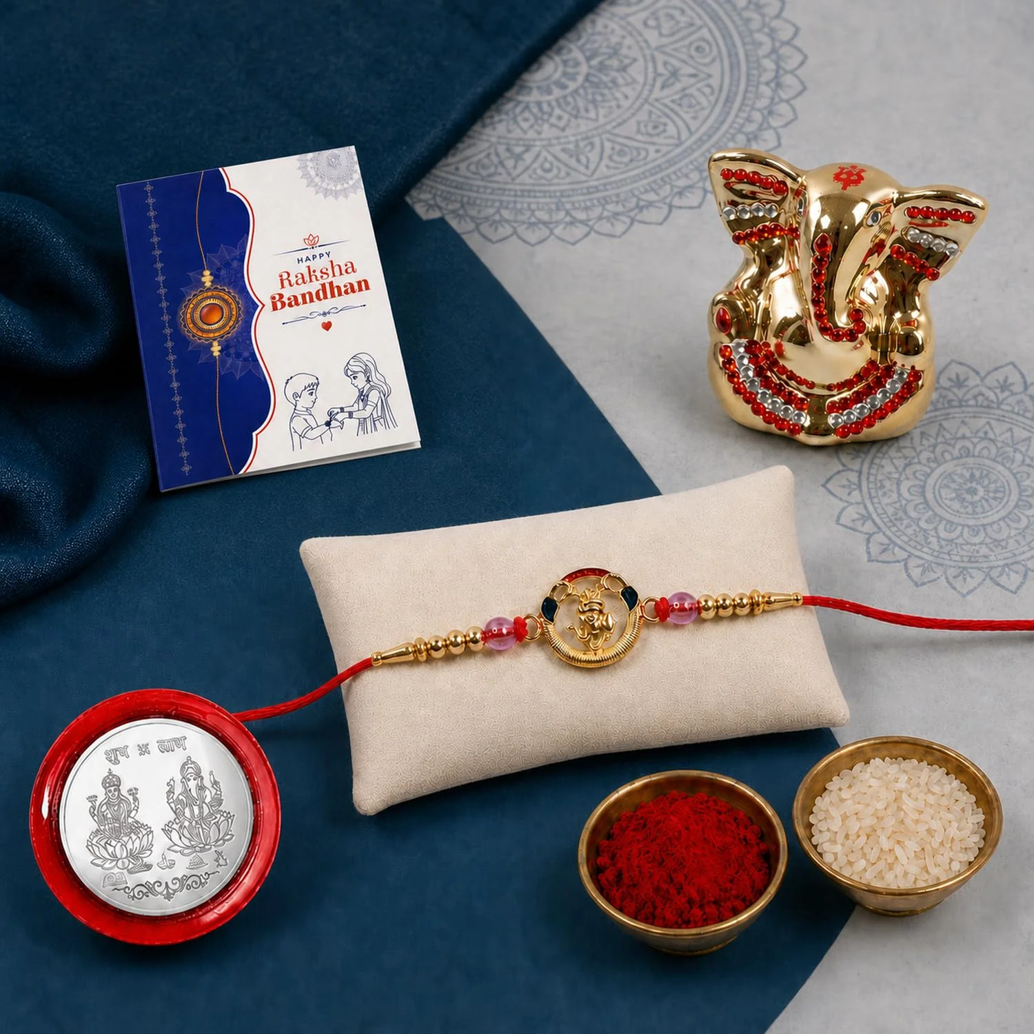 Rakhi for Bhai – Ganesh Idol Rakhi | Silver Coin, Roli Chawal Gift Combo (Pack of 4) For Raksha Bandhan