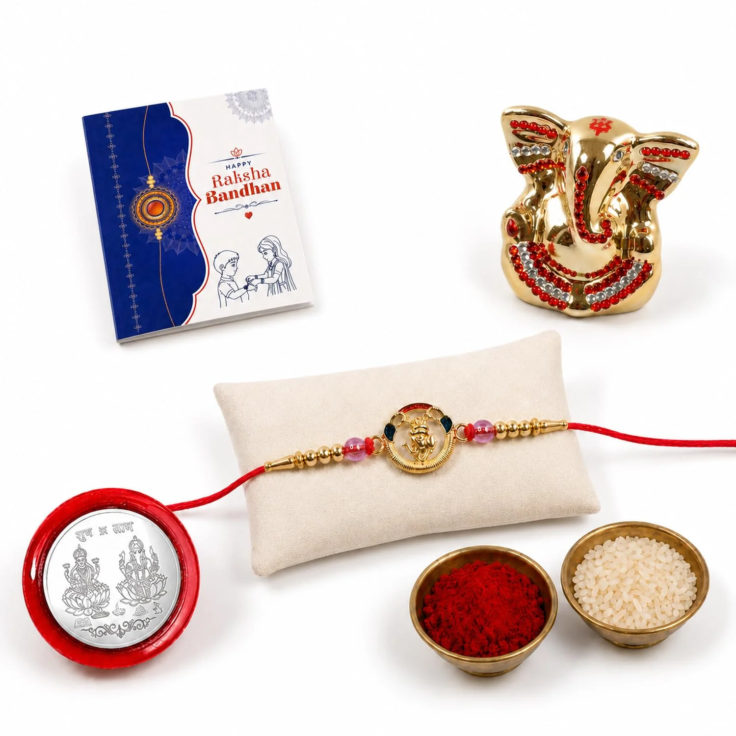 Rakhi for Bhai – Ganesh Idol Rakhi | Silver Coin, Roli Chawal Gift Combo (Pack of 4) For Raksha Bandhan - Image 2