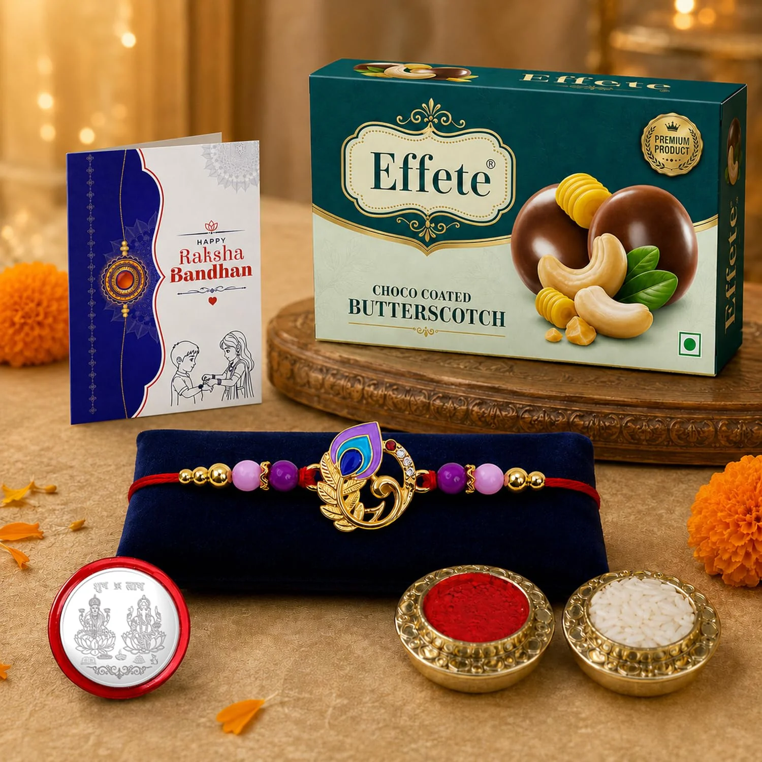 Elegant Mor Design Rakhi with Chocolate for Brother – Raksha Bandhan Gift Combo (Set