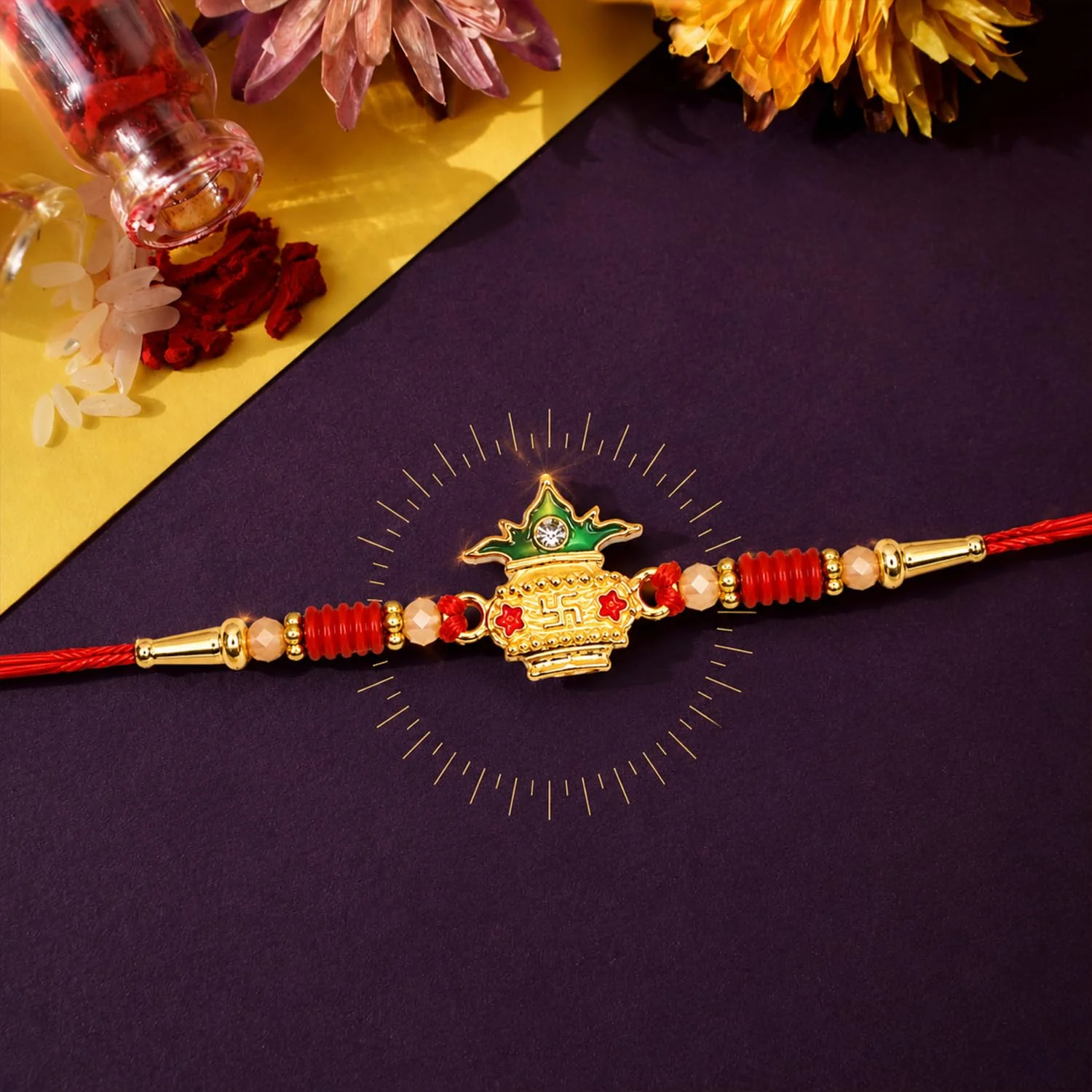Kalash Design Rakhi with Chocolate for Brother – Raksha Bandhan Gift Combo (Set of 5) - Image 3