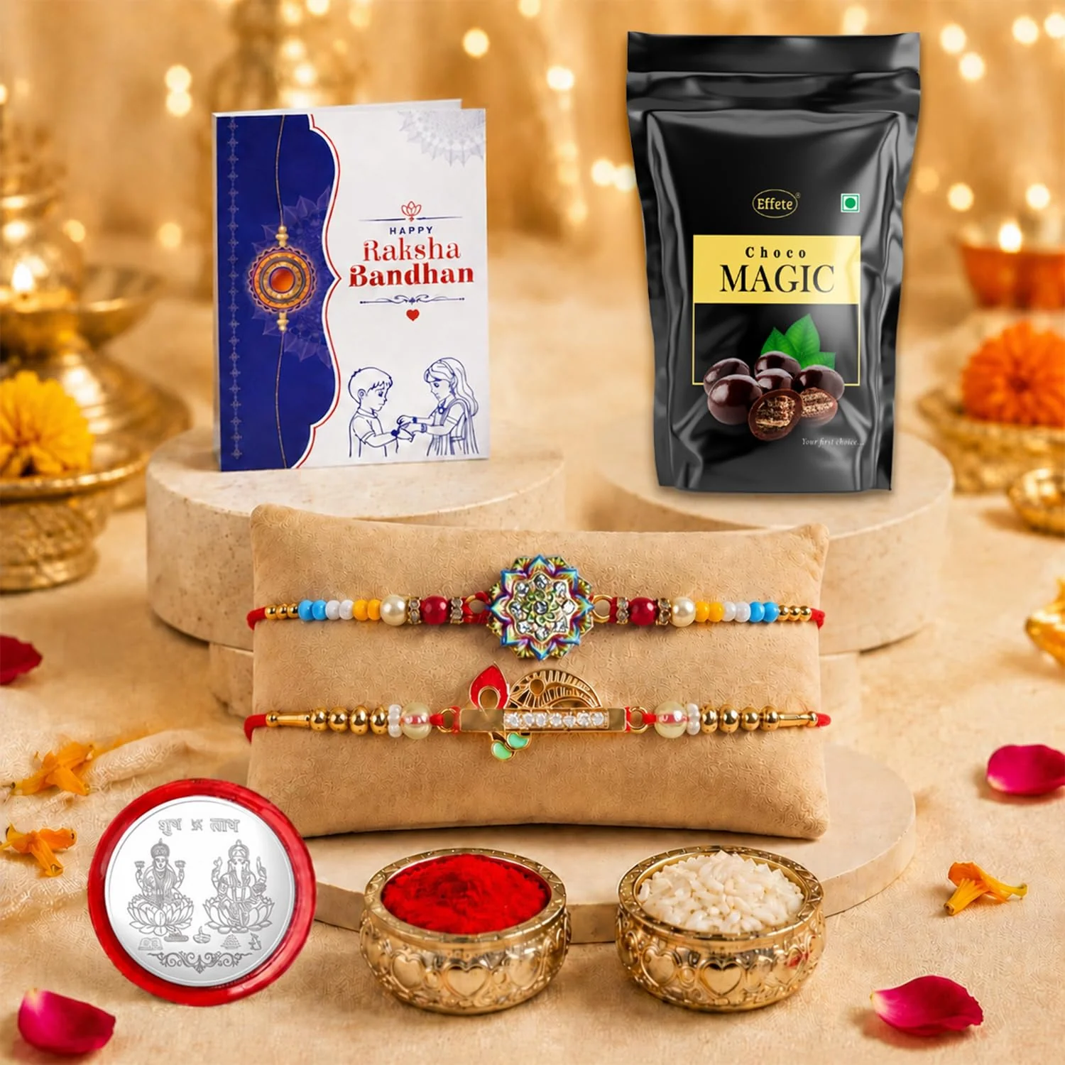 Murli and Flower Rakhi with Chocolate for Brother – Raksha Bandhan Gift Combo (Pack