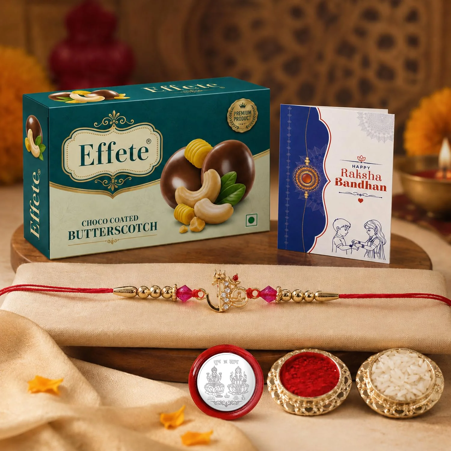 Om Rakhi with Chocolate for Brother – Festive Raksha Bandhan Gift Combo (Set of 5)