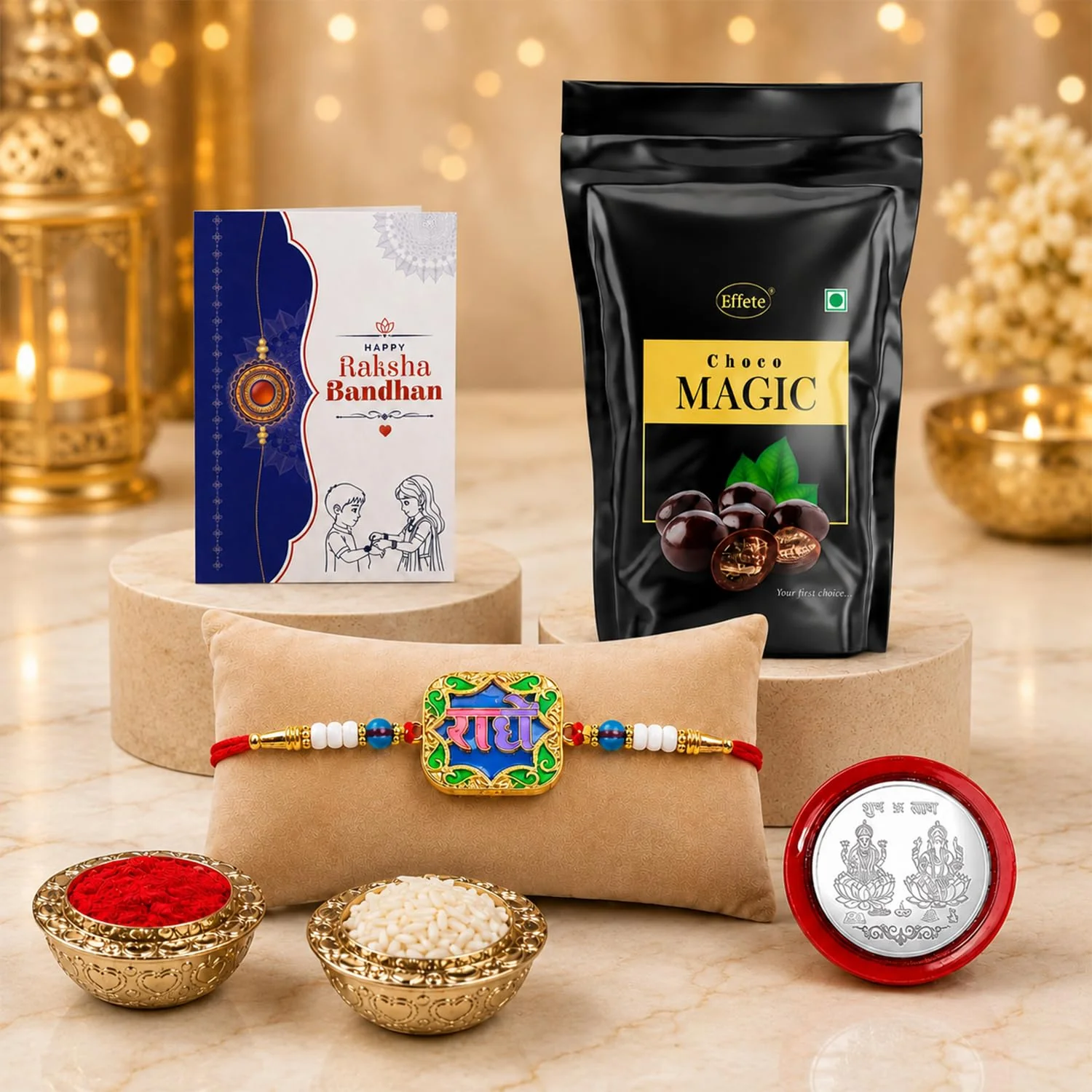 Radhe Design Rakhi with Chocolate for Brother – Raksha Bandhan Gift Combo (Pack of 5)