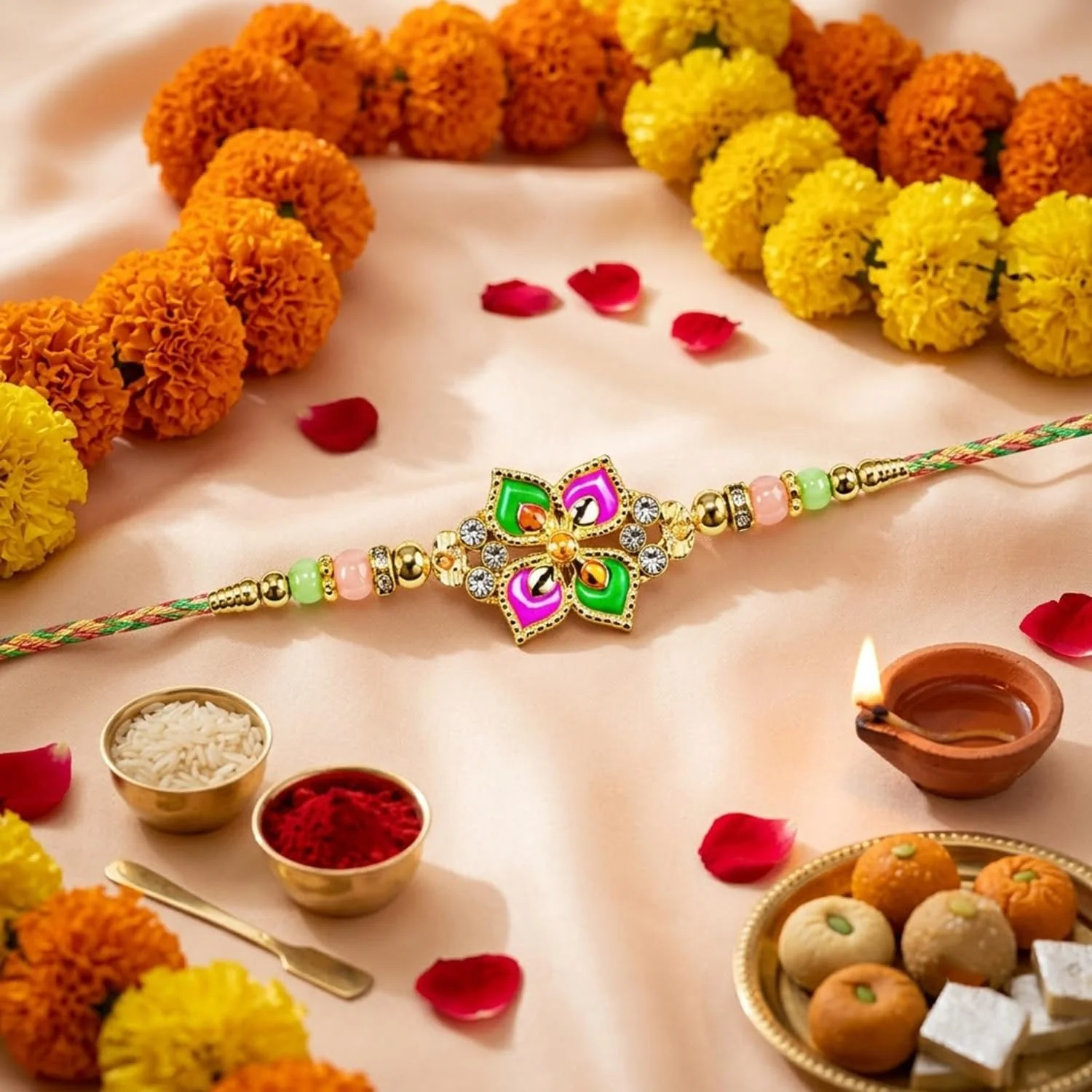 Rakhi with Chocolate for Brother (Set of 5) – Floral Design Raksha Bandhan Combo - Image 6