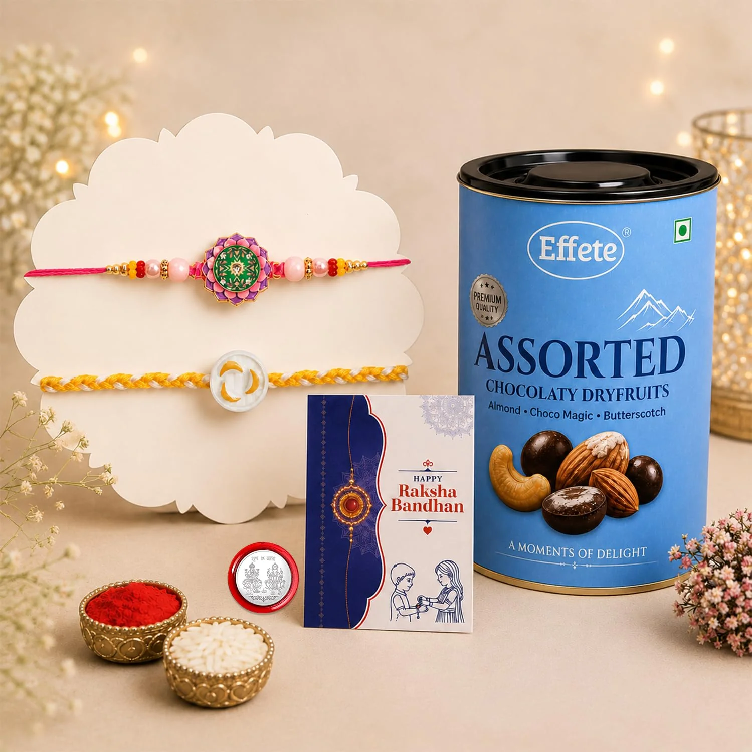 Rakhi with Chocolate for Brother (Set of 6) – Flower Round Shape Raksha Gift Combo