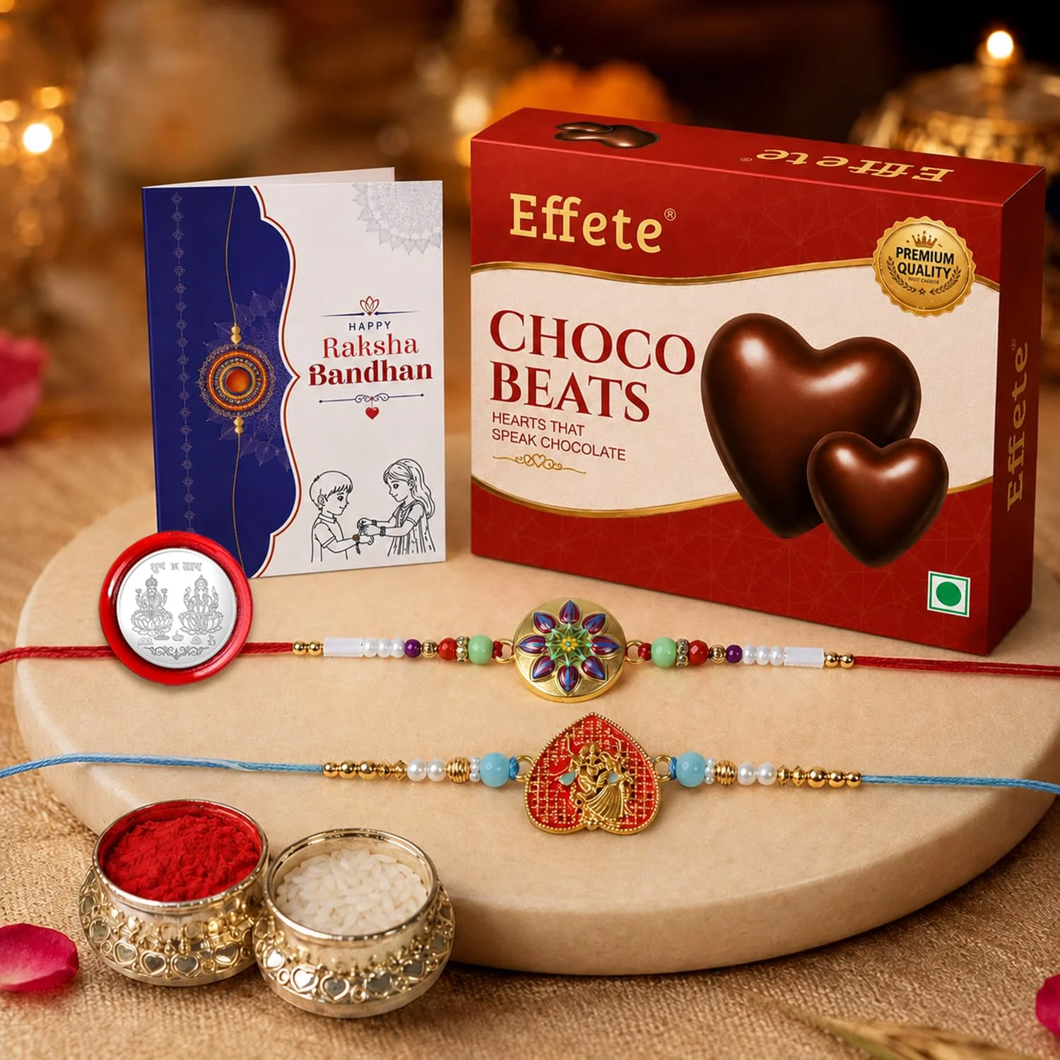 Rakhi with Chocolate for Brother (Set of 6) – Round Leaf Shape Raksha Gift Combo