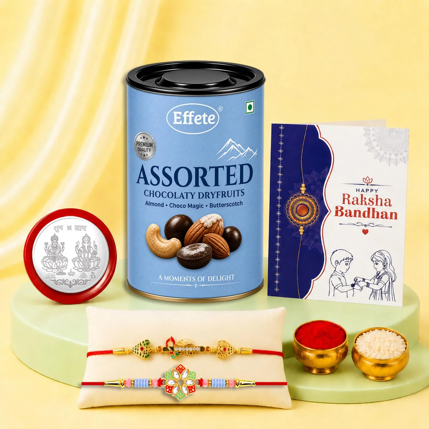 Rakhi with Chocolate for Brother (Set of 6) – Golden Color Florwer Shape Gift Combo