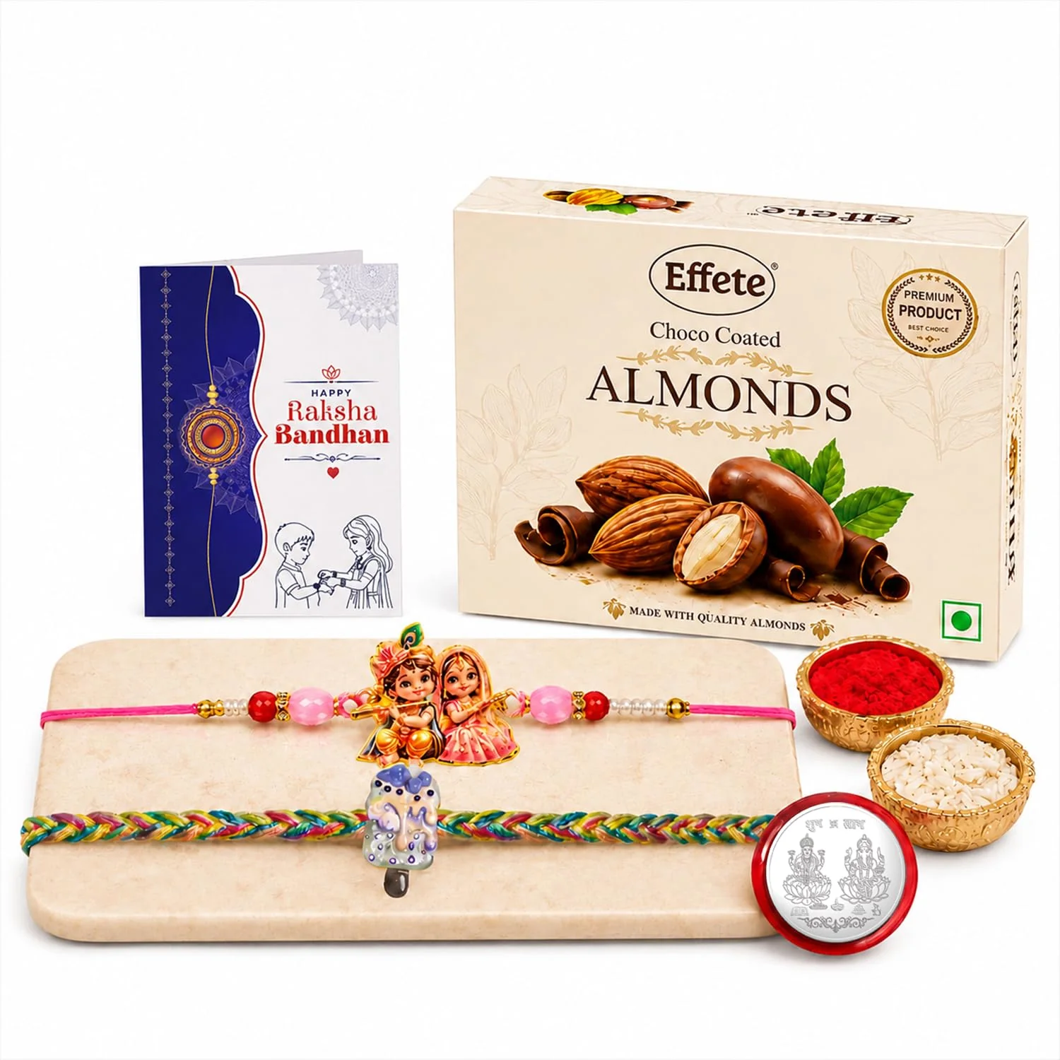 Rakhi with Chocolate for Brother (Set of 6) – Radha Krishna Food Design Gift Combo - Image 2