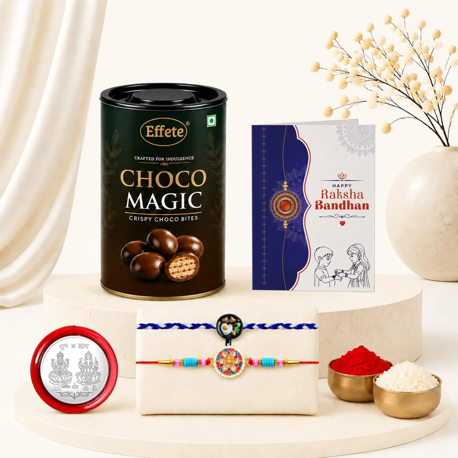 Rakhi with Chocolate for Brother (Set of 6) – Round Floral Design Raksha Gift Combo