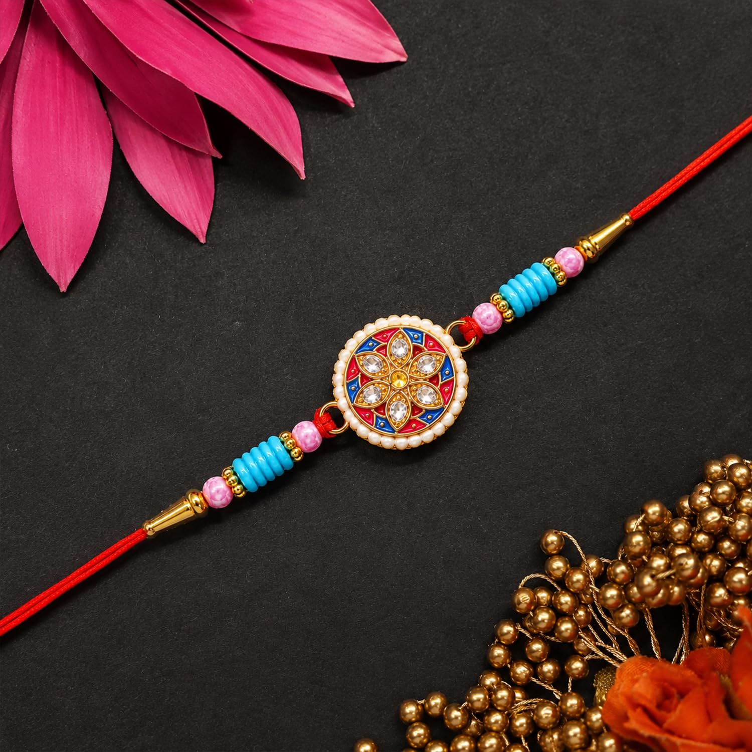 Rakhi with Chocolate for Brother (Set of 6) – Round Floral Design Raksha Gift Combo - Image 7