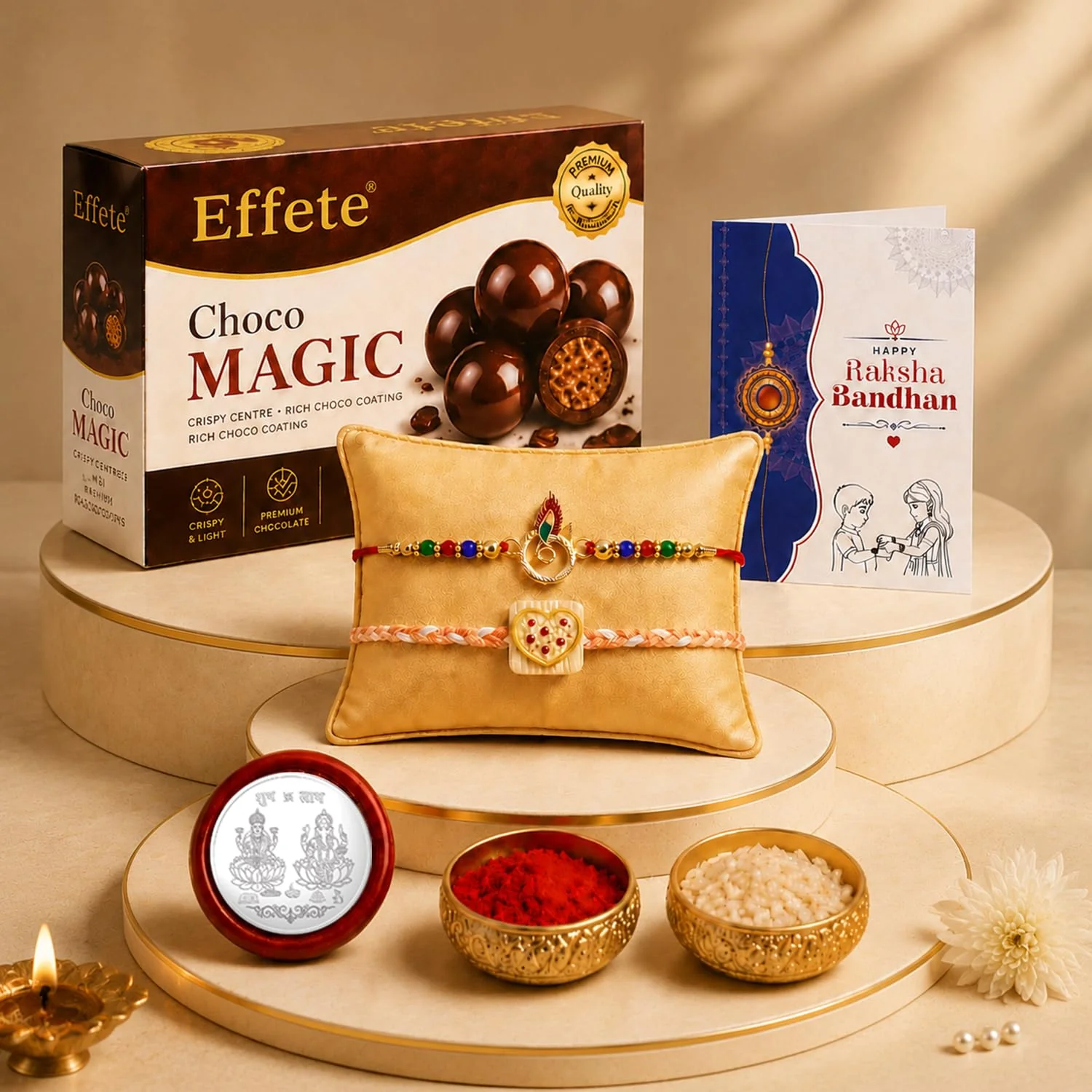 Rakhi with Chocolate for Brother (Set of 6) – Round Shape Food Raksha Gift Combo