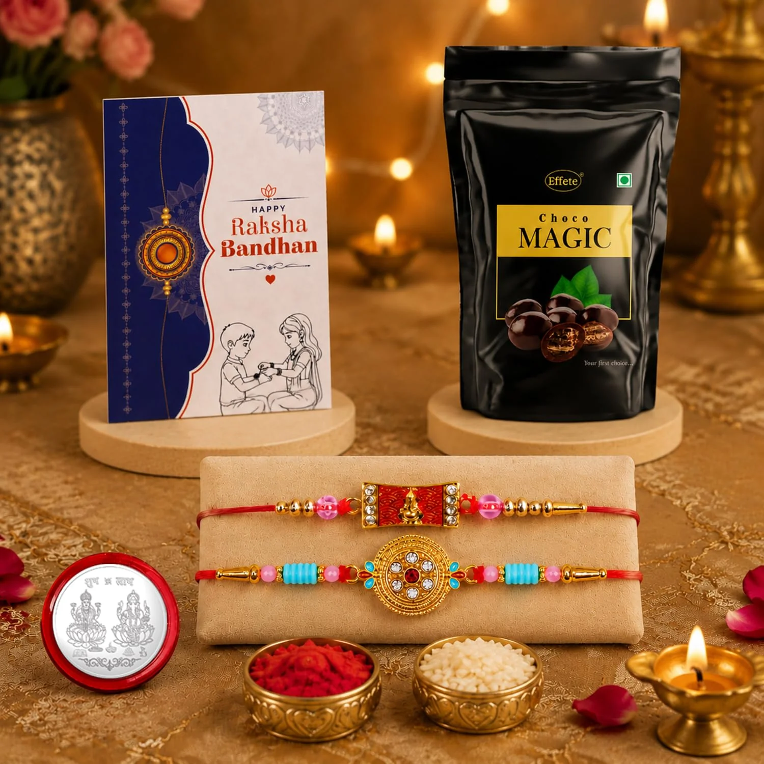 Rakhi with Chocolate for Brother (Set of 6) – Round Shape Ganesha Style Gift Combo