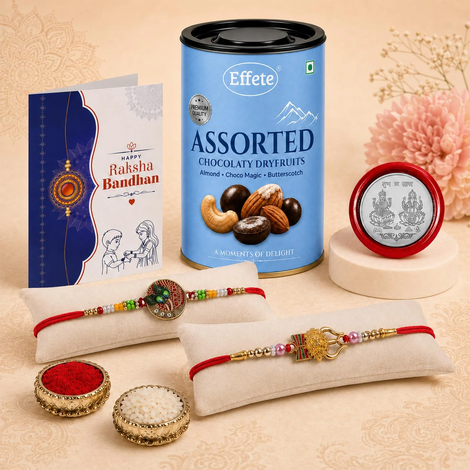 Rakhi with Chocolate for Brother (Set of 6) – Round Trishul Damru Shape Gift Combo